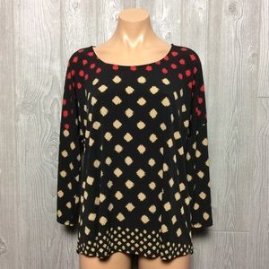 Chico's Black Blouse with Red and Cream Pattern
